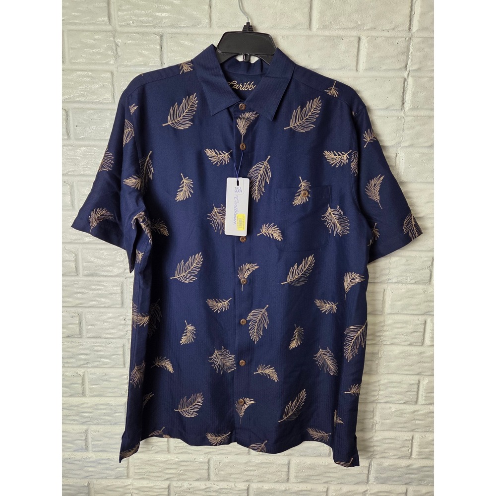 Caribbean Men's sz XLT Tall Leaves Embroidered shirt Modal short sleeve NWT